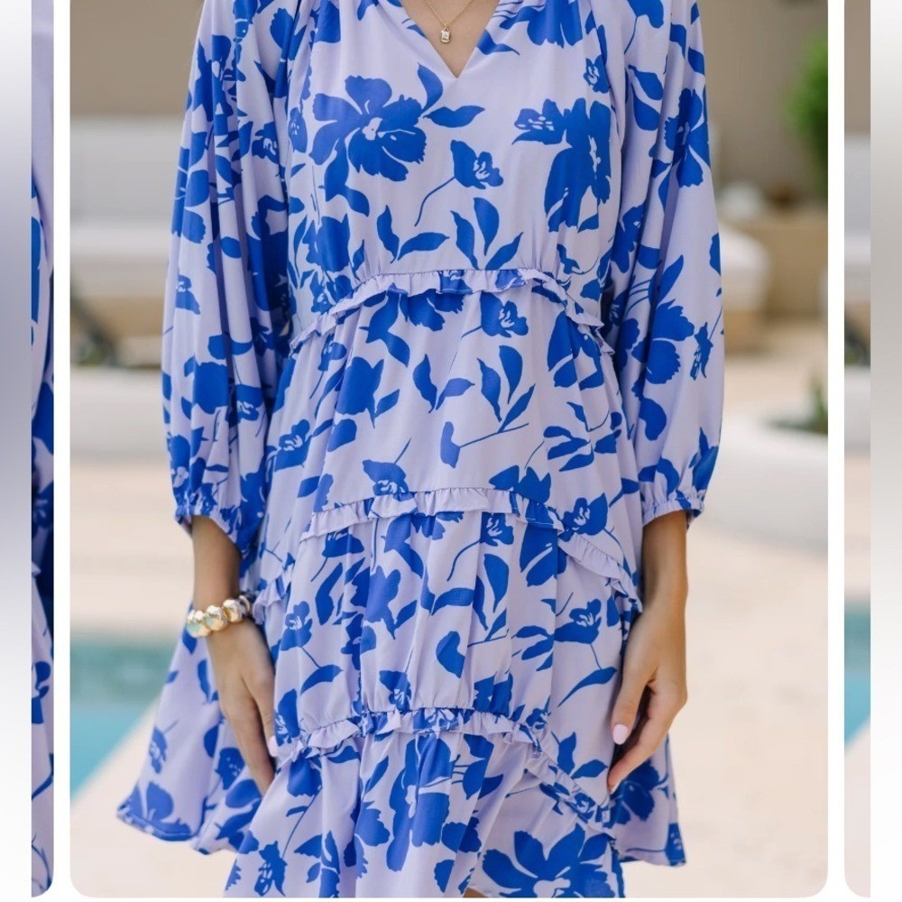 Shop the Mint Periwinkle Floral Tiered Dress EUC Medium Puff Sleeve Lined - Picture 6 of 13